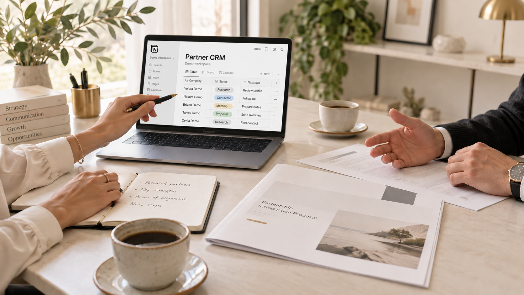 Notion Partner CRM kitalált mintacégekkel, státuszokkal és következő lépésekkel egy üzleti egyeztetésen.